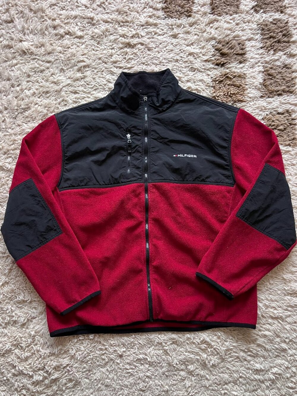 Vintage Tommy Hilfiger Red Black Colorblock Fleece Full Zip Jacket Flag Logo Siz